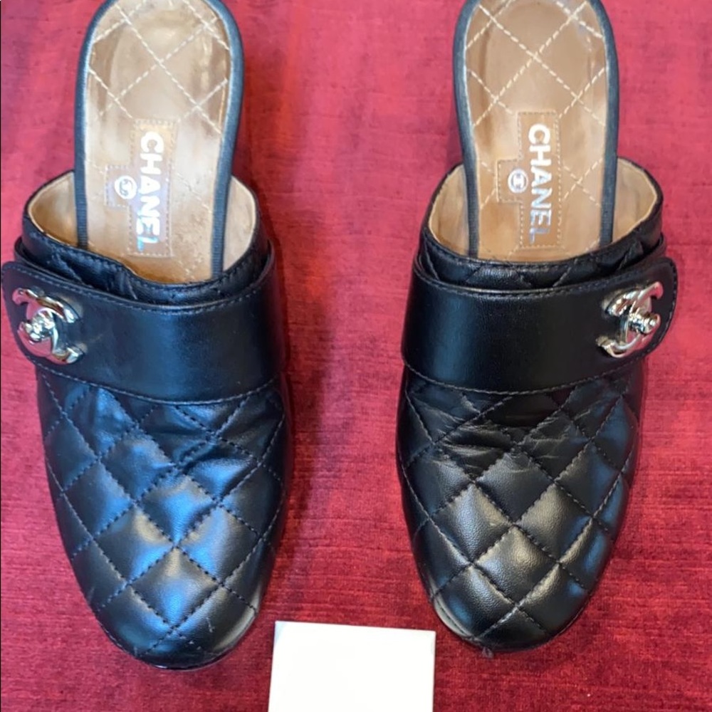 Chanel black quilted leather heeled mules/ clogs